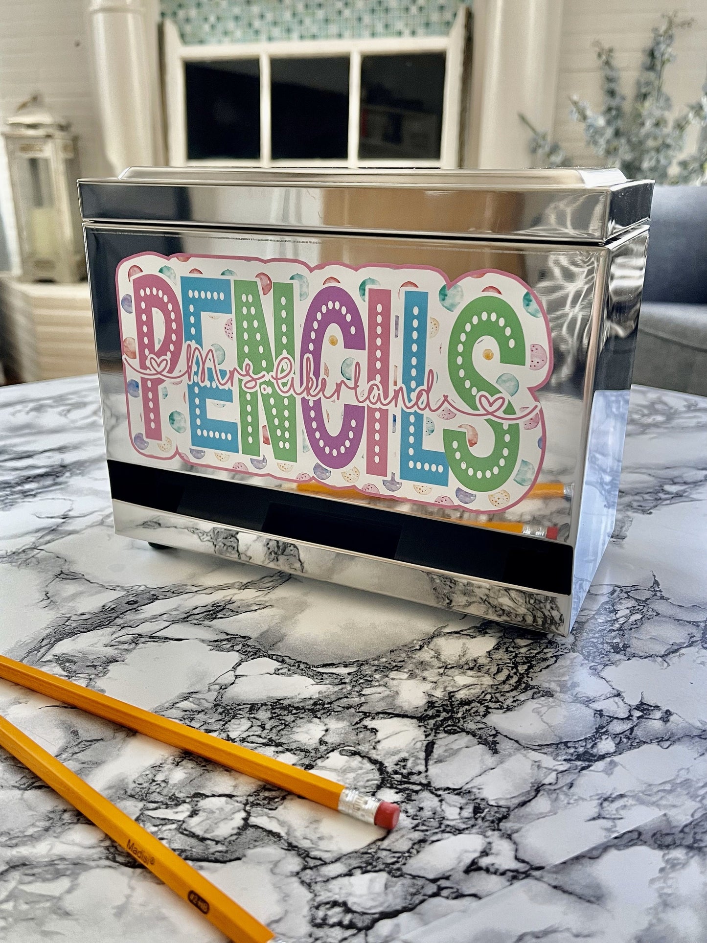 Custom Pencil Dispenser Vinyl Decal Personalized with a name, Pastel Dotted Decals, Pastel Polka Dots, Classroom Decor, Teacher Stickers