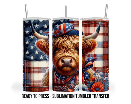 Patriotic Highland Cow Sublimation Transfer Print For 20 oz Tumbler - 30 oz Tumbler - Ready to press Heat Transfers SHIPS NEXT DAY