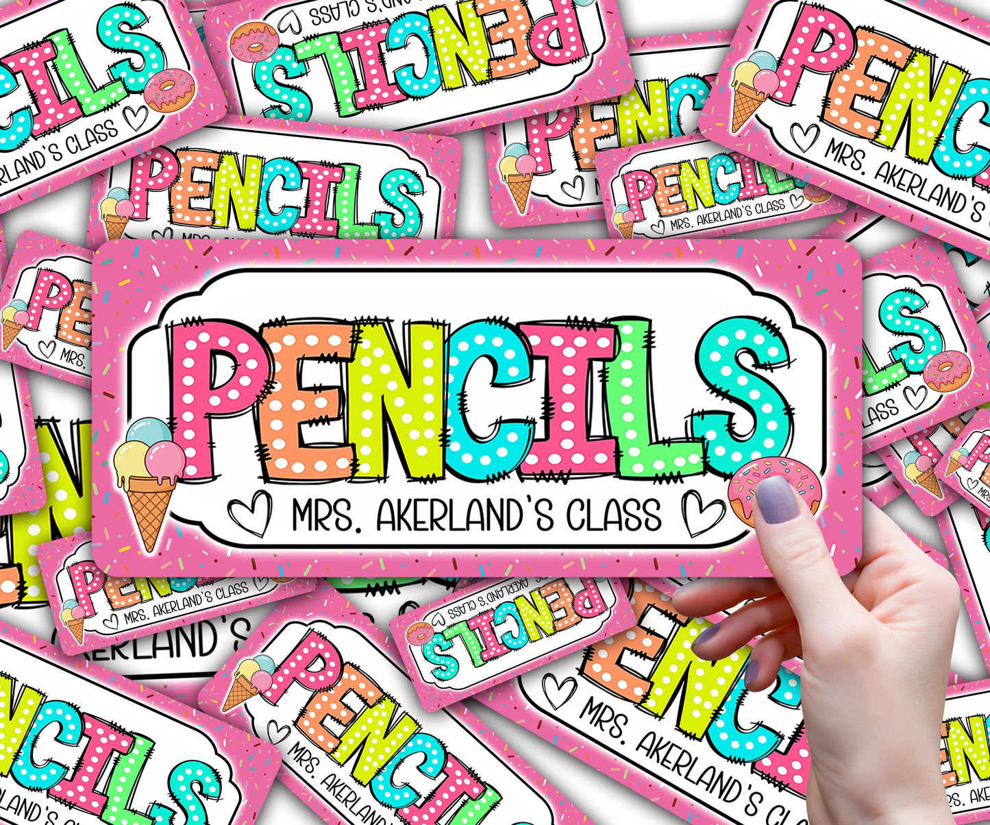 Pencil Dispenser Waterproof Vinyl Decal OR Magnetic Decal Personalized with a name, Ice Cream Theme, Teacher Appreciation Gift, Class Decor