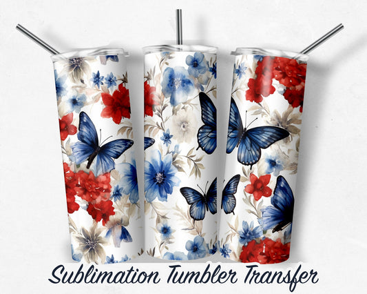 Butterfly Red White and Blue  Sublimation Transfer Print 20 oz - 30 oz Skinny Tumbler - Ready to Press - Heat Transfers SHIPS NEXT DAY