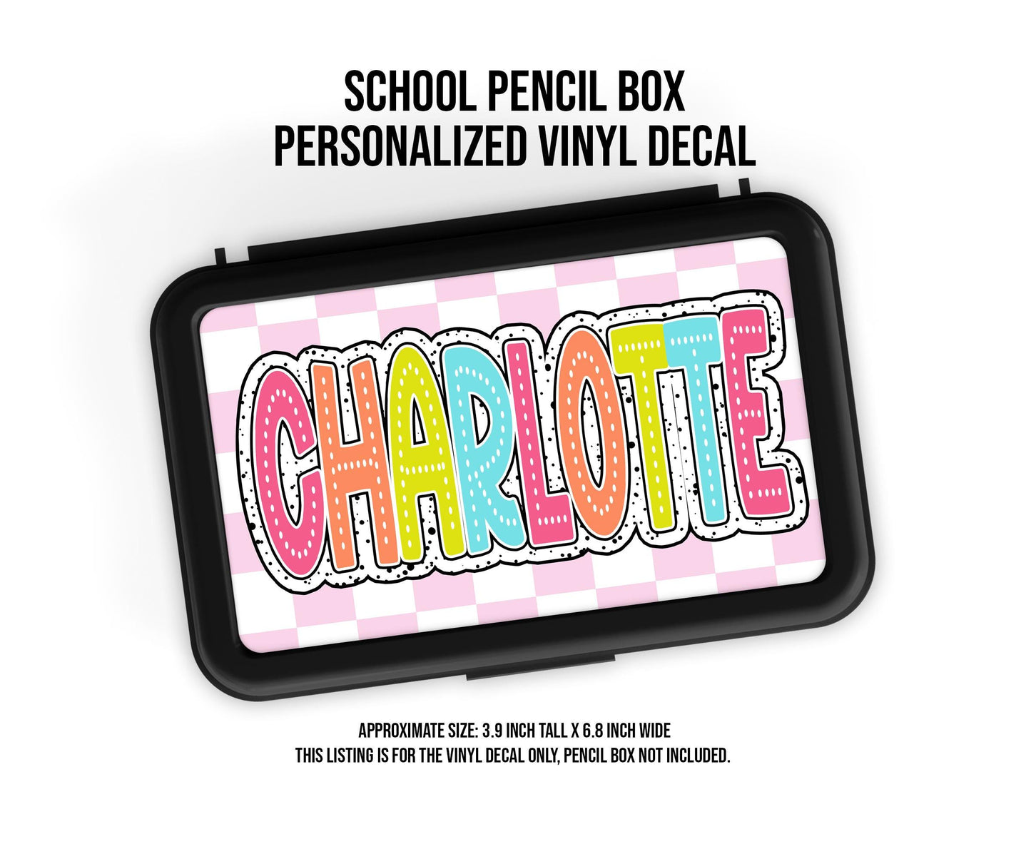Custom Decal for Pencil Box Personalized with Name, 3.9 tall x 6.8 wide, Waterproof Decals for Student, Classroom Sticker, Rainbow Dot Theme