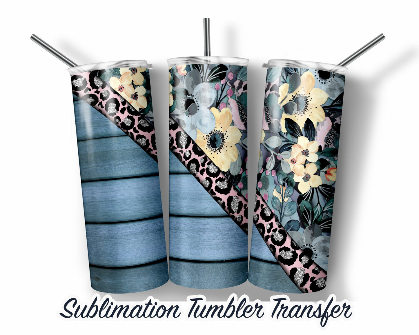 Blue Floral Sublimation Transfer Print For 20 oz Tumblers - 30 oz Tumblers - Ready To press - Heat Transfers