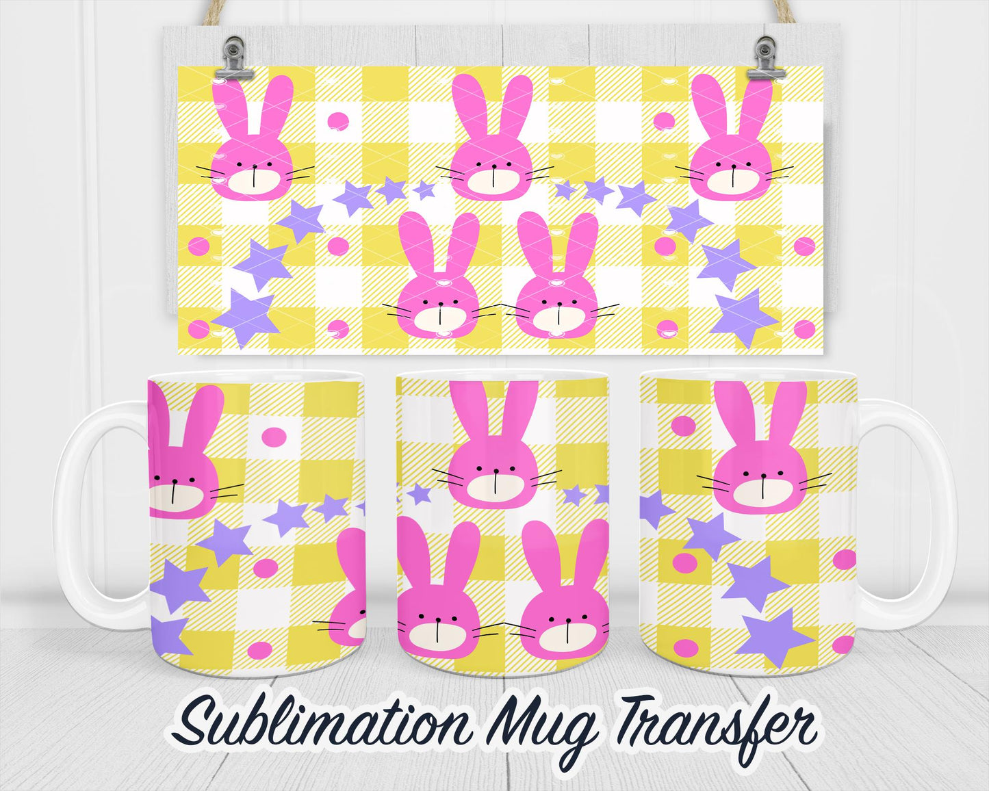 Pink Bunny Easter - Sublimation Transfer Print For 11 oz - 15 oz Mugs - Ready To press - Heat Transfer