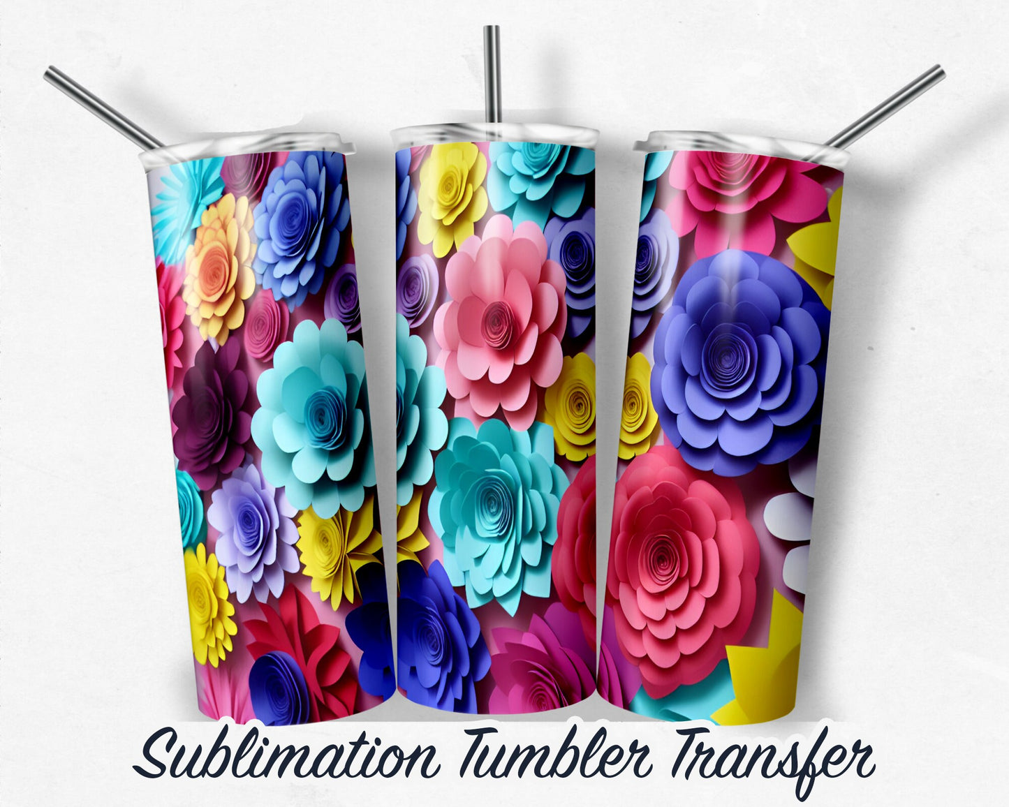 3D Floral Sublimation Transfer Print 20 oz - 30 oz Skinny Tumbler - Ready to Press - Heat Transfers