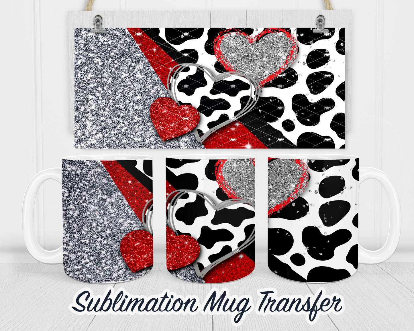 Heart Cow Print - Sublimation Transfer Print For 11 oz - 15 oz Mugs - Ready To press - Heat Transfer SHIPS NEXT DAY