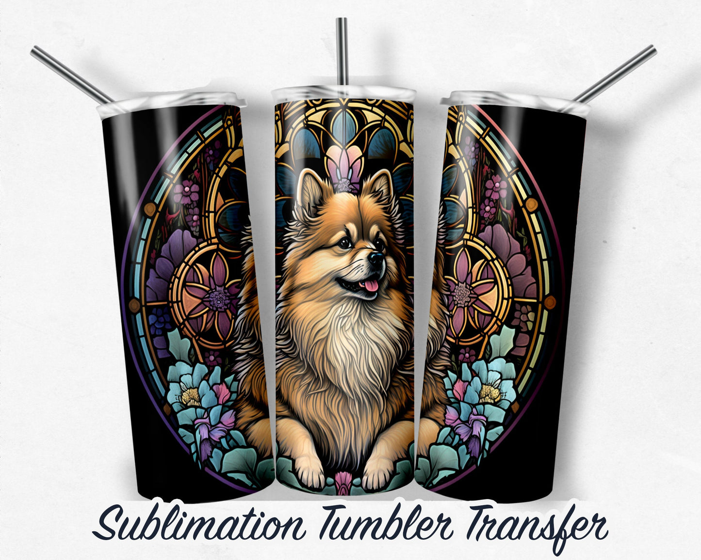 Pomeranian Stained Glass Design - Sublimation Transfer Print 20 oz Skinny Tumbler - 30oz Skinny Tumbler - Ready To press SHIPS NEXT DAY