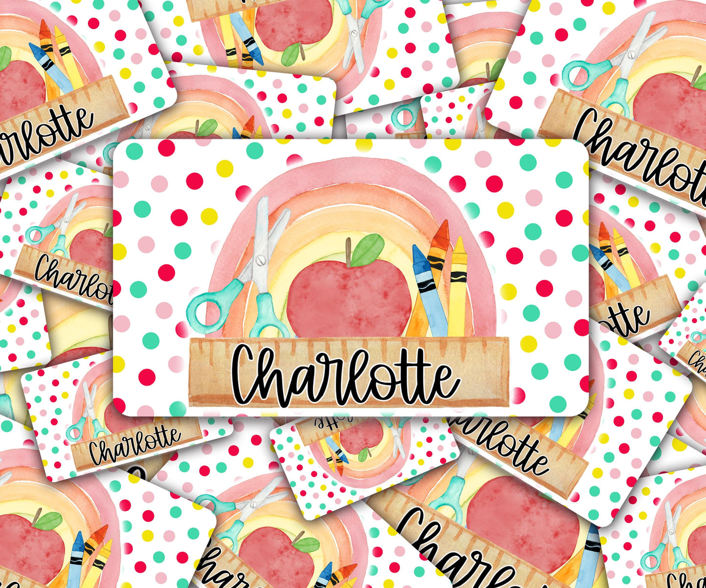 Custom Decal for Pencil Box Personalized with Name, 3.9 tall x 6.8 wide, Waterproof Decals for Student, Classroom Sticker, Rainbow Dot Theme