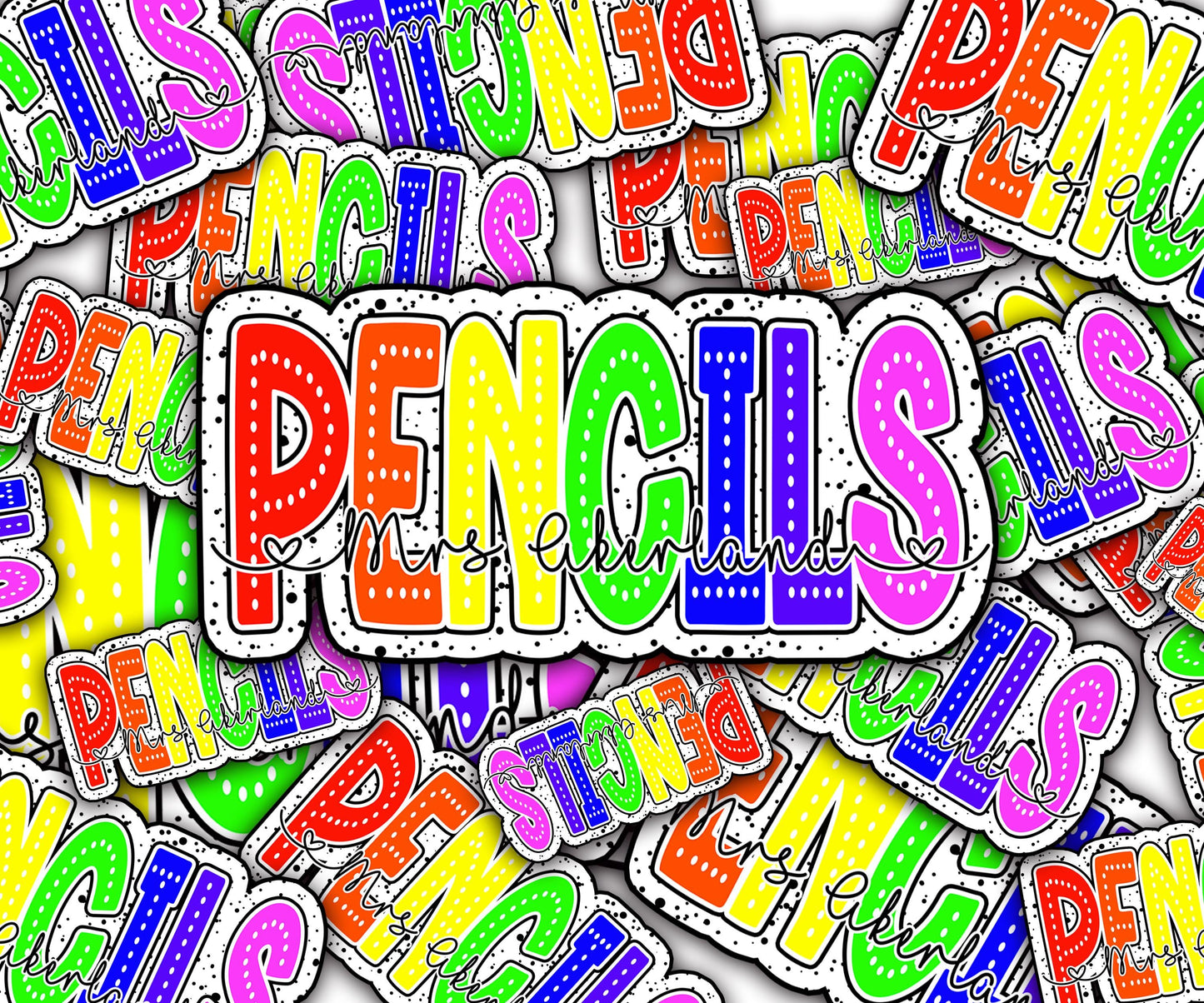 Custom Pencil Dispenser Vinyl Decal Personalized with a name, Rainbow Dots, Dalmatian Dots, Waterproof, Classroom Decor