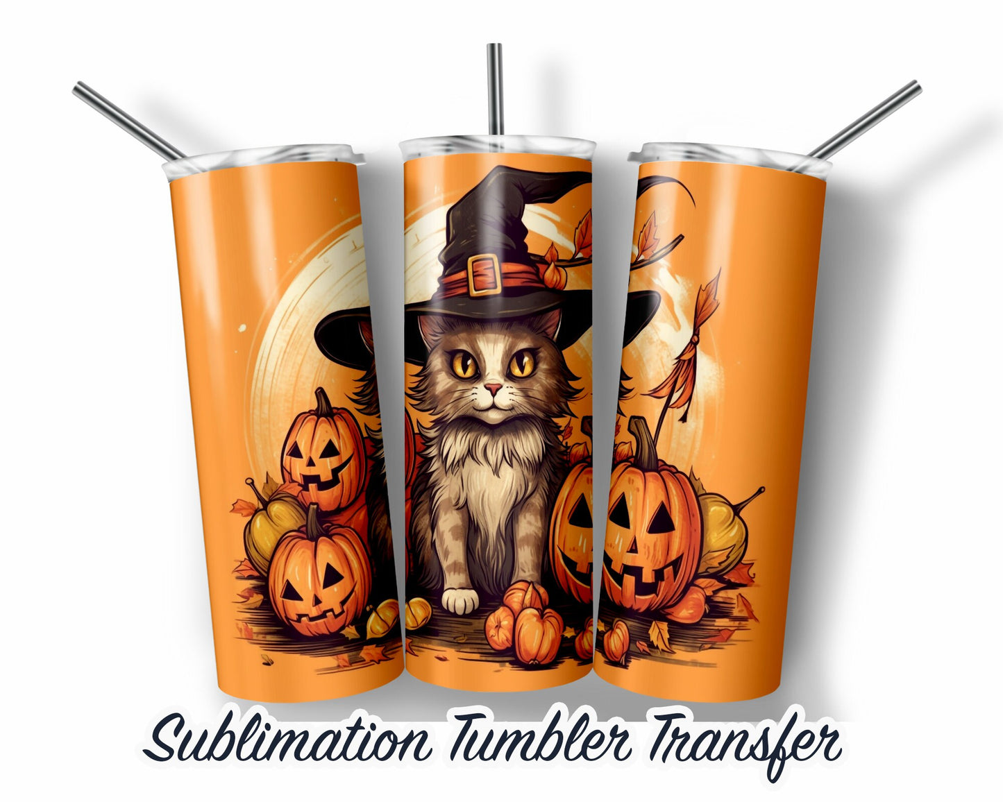 Orange Cat Halloween Sublimation Transfer Print For 20 oz Tumblers - 30 oz Tumblers - Ready To press - Heat Transfers