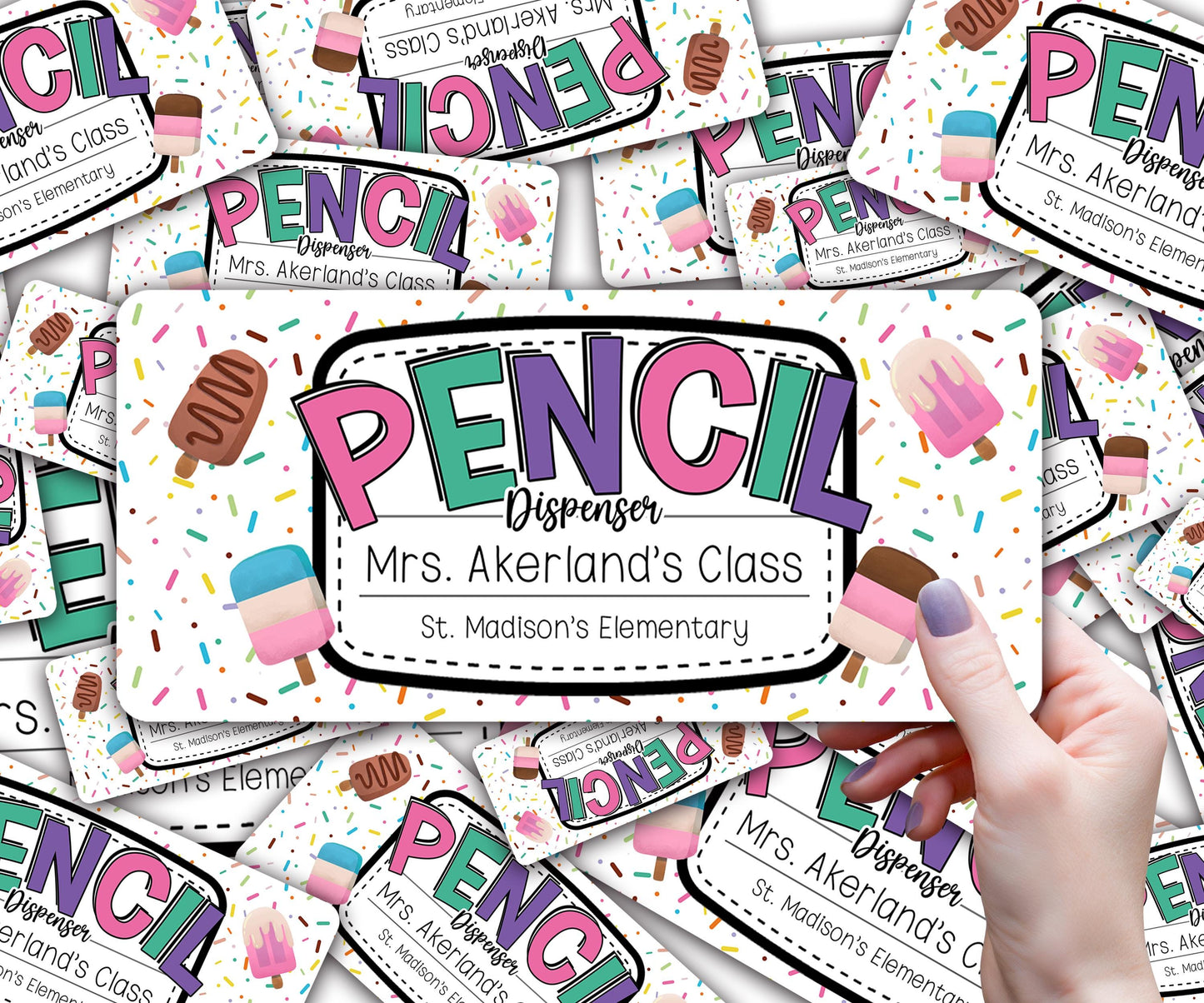 Custom Pencil Dispenser Waterproof Vinyl Decal OR Magnetic Decal Personalized with a name, Pastel Ice Cream Theme, Teacher Appreciation Gift