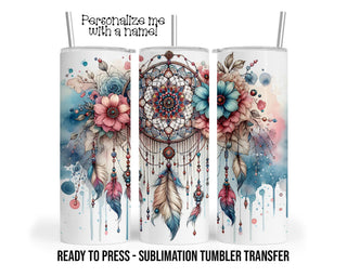 Floral Dreamcatcher Tumbler Sublimation Transfer, 20oz & 30oz, Pink and Teal