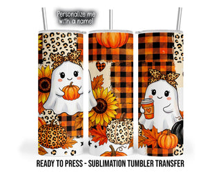 Fall Ghost Tumbler Sublimation Transfer, Pumpkin Sunflower & Leopard Bow, Orange Buffalo Plaid, 20 or 30 oz