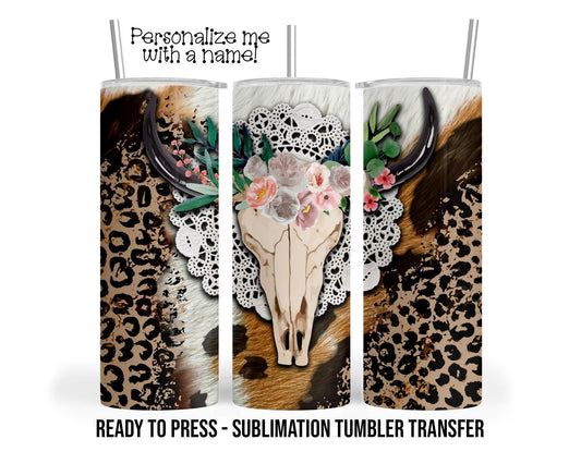 Sublimation Tumbler Transfer - Boho Western Bull Skull Ready to Press Heat Transfer Decal