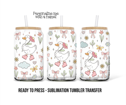 Silly Goose, Coquette, Floral, Cartoon 16 oz Glass Can Sublimation Transfer Ready to Press Heat Transfer SHIPS NEXT DAY