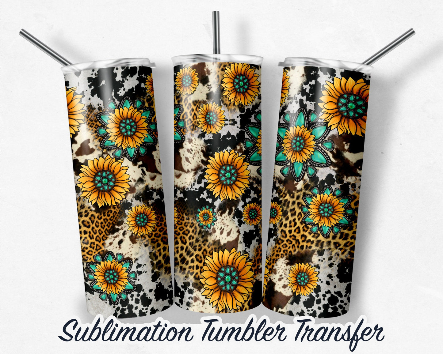 Gemstone Sunflower - Tumbler Sublimation Transfer - Ready To Press - Heat Transfer - 20-30oz Transfers - Leopard SHIPS NEXT DAY