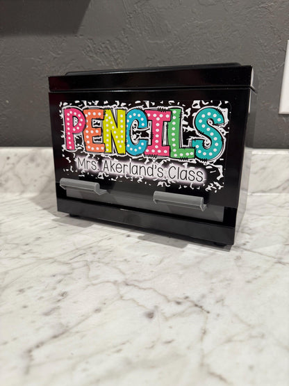 Custom Pencil Dispenser Vinyl Decal Personalized with a name, Waterproof Decal, Rainbow Theme, Teacher Appreciation Approx. 3.5x7.5 inches