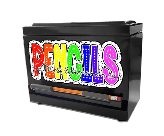 Custom Pencil Dispenser Vinyl Decal Personalized with a name, Rainbow Dots, Dalmatian Dots, Waterproof, Classroom Decor