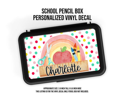 Custom Decal for Pencil Box Personalized with Name, 3.9 tall x 6.8 wide, Waterproof Decals for Student, Classroom Sticker, Rainbow Dot Theme