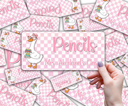 Pencil Dispenser Vinyl Decal Personalized with a name Waterproof Vinyl Decal for Teacher's Classroom Pencil Dispensers, Goose Theme