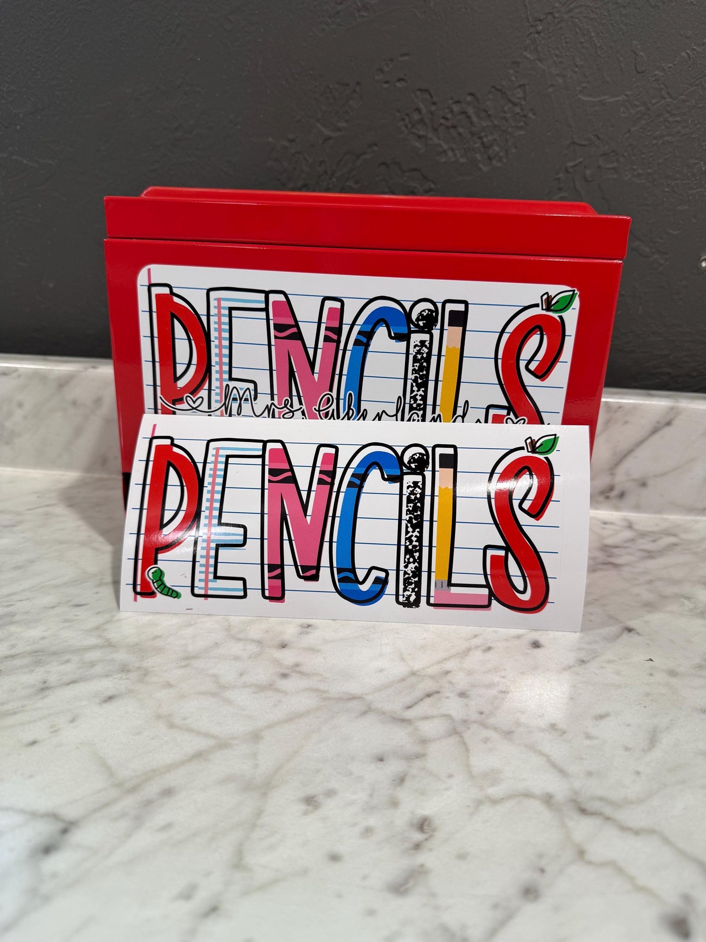 Custom Pencil Dispenser Vinyl Decal Personalized with a name, Waterproof Decal, Classroom, Teacher Appreciation Gift Approx. 3.5x7.5 inches