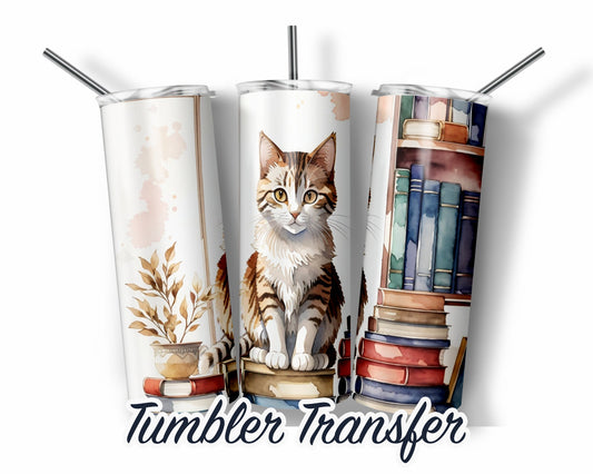 Cat and Books  Sublimation Print 20 oz Skinny Tumbler - 30oz Skinny Tumbler - Ready To press - Heat Transfers SHIPS NEXT DAY