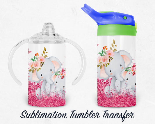 Elephant Pink Glitter Kids Sublimation Tumbler Transfer - Ready To press - Heat Transfers SHIPS NEXT DAY