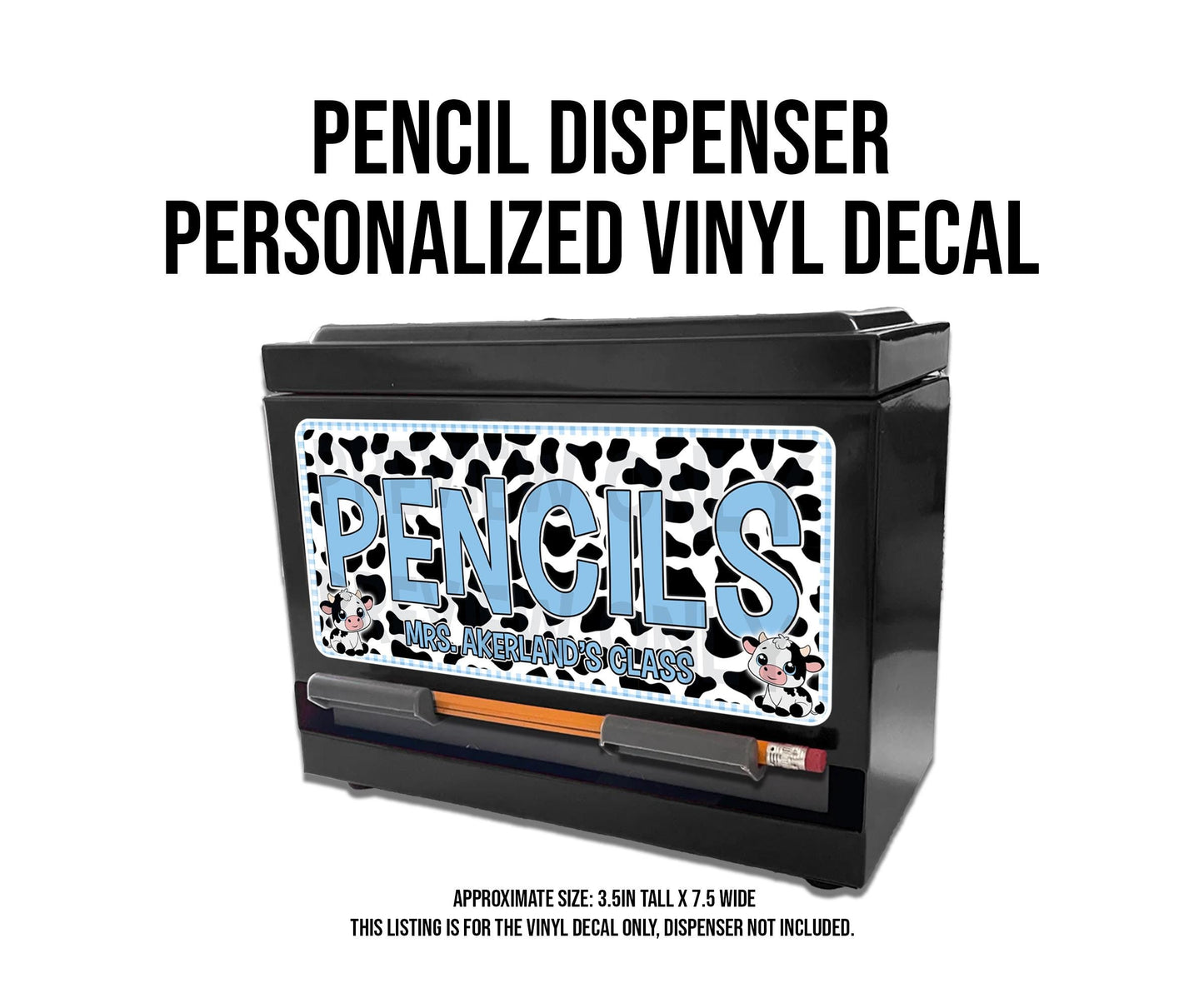 Custom Pencil Dispenser Waterproof Vinyl Decal OR Magnetic Decal Personalized with a name,  Gift Blue Gingham Cow Theme, Classroom Decor