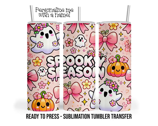 Spooky Season, Pink Bow, Happy Ghost Fall Sublimation Tumbler Transfer Print 20oz Tumbler, Ready To press Heat Transfer SHIPS NEXT DAY