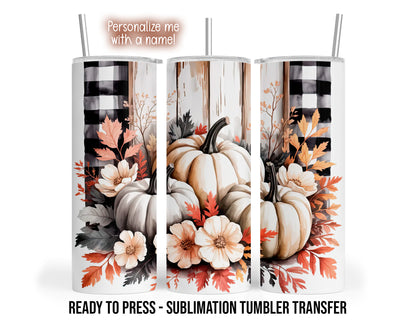 Three tumbler views show cream and gray pumpkins, ivory flowers and muted autumn leaves with black and white buffalo plaid and distressed wood effects.