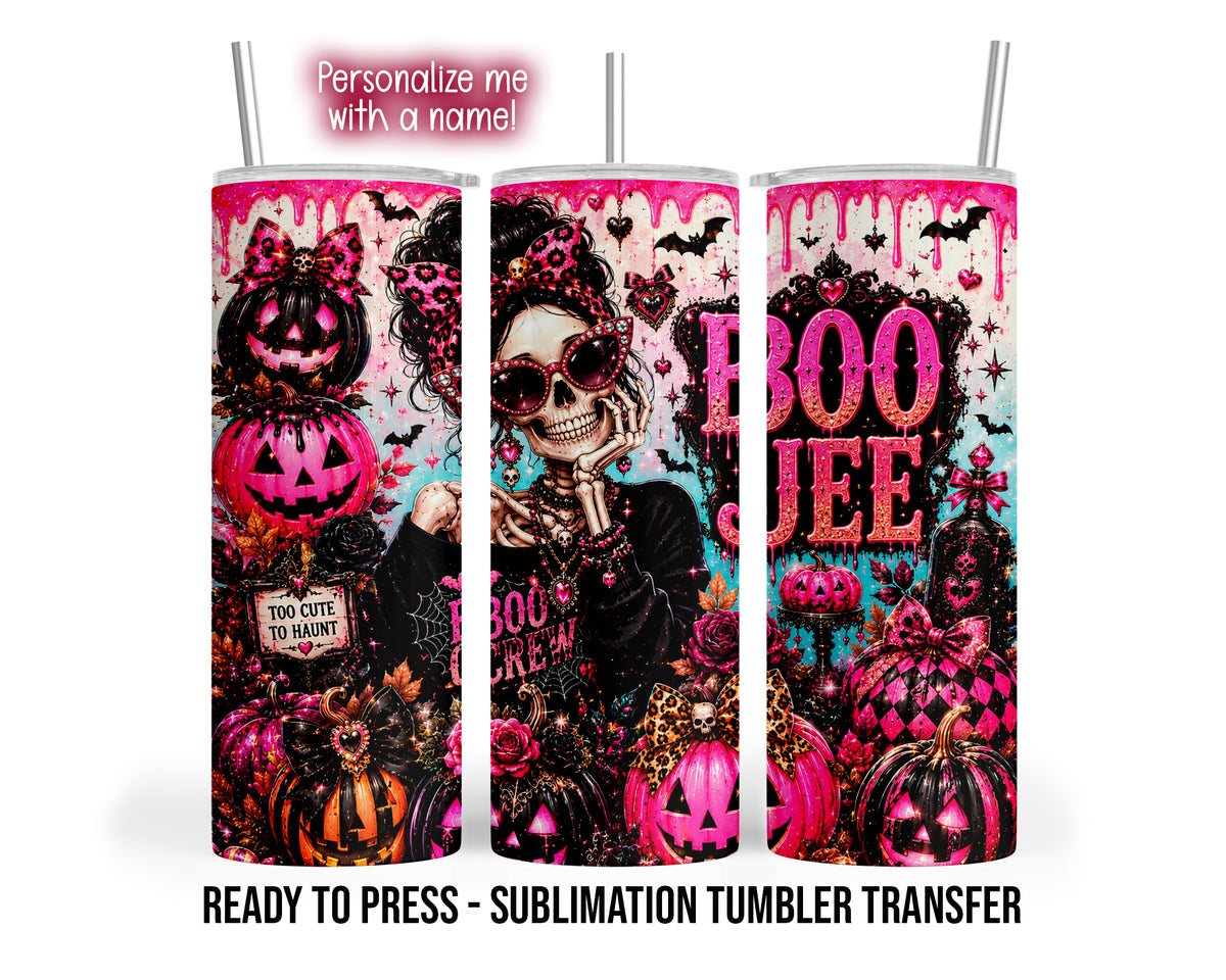 Three tumbler views show a skeleton in pink sunglasses with pink and black pumpkins, bows, roses, bats and Boujee Halloween lettering.