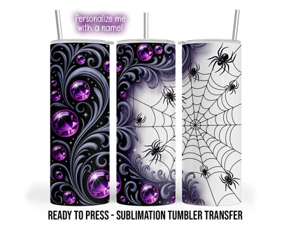 Three tumbler views show purple jewel-style circles, silver-purple scrollwork, black spiders and webs on a black-to-silver background.