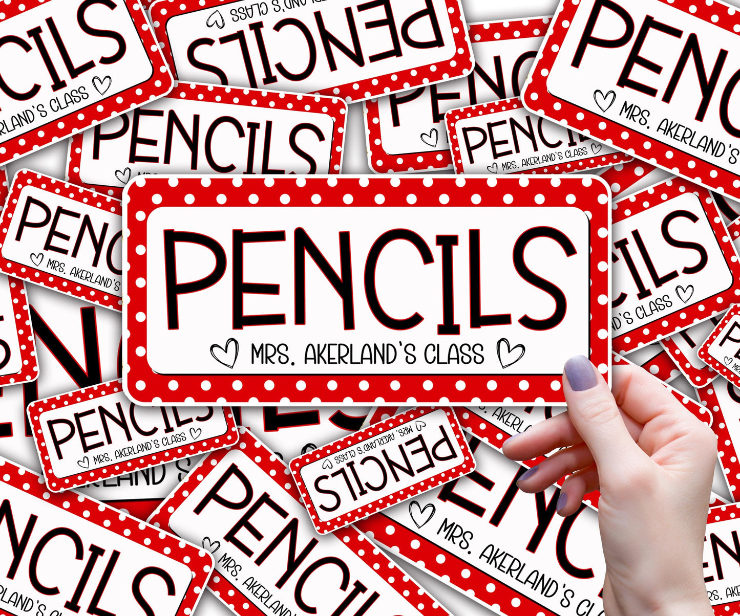 Custom Pencil Dispenser Vinyl Decal Personalized with a name, Waterproof Decal, Polka Dot Theme, Teacher Appreciation Approx. 3.5x7.5 inches