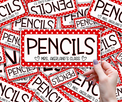 Custom Pencil Dispenser Vinyl Decal Personalized with a name, Waterproof Decal, Polka Dot Theme, Teacher Appreciation Approx. 3.5x7.5 inches