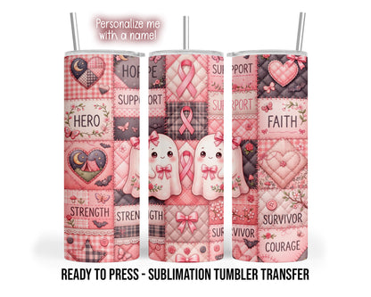 Three tumbler views show pink ribbons, smiling ghosts, hearts and encouraging words in a pink-charcoal quilt-style patchwork.