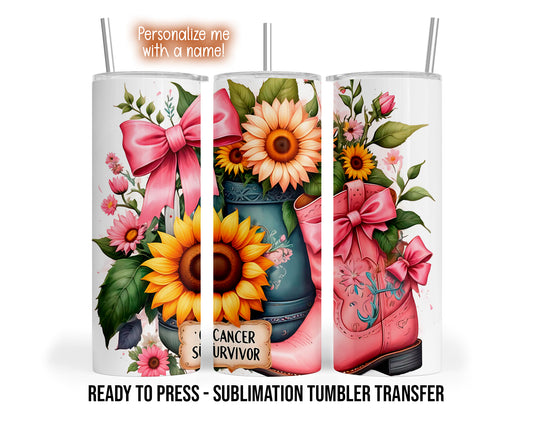 Three tumbler views show sunflowers, pink flowers, a teal vase, pink cowboy boots and bows with a Cancer Survivor sign.