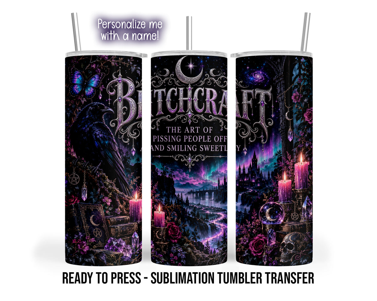 Three tumbler views show Bitchcraft lettering, a raven, butterfly, crescent moon, crystals, candles and a castle under a purple-teal sky.
