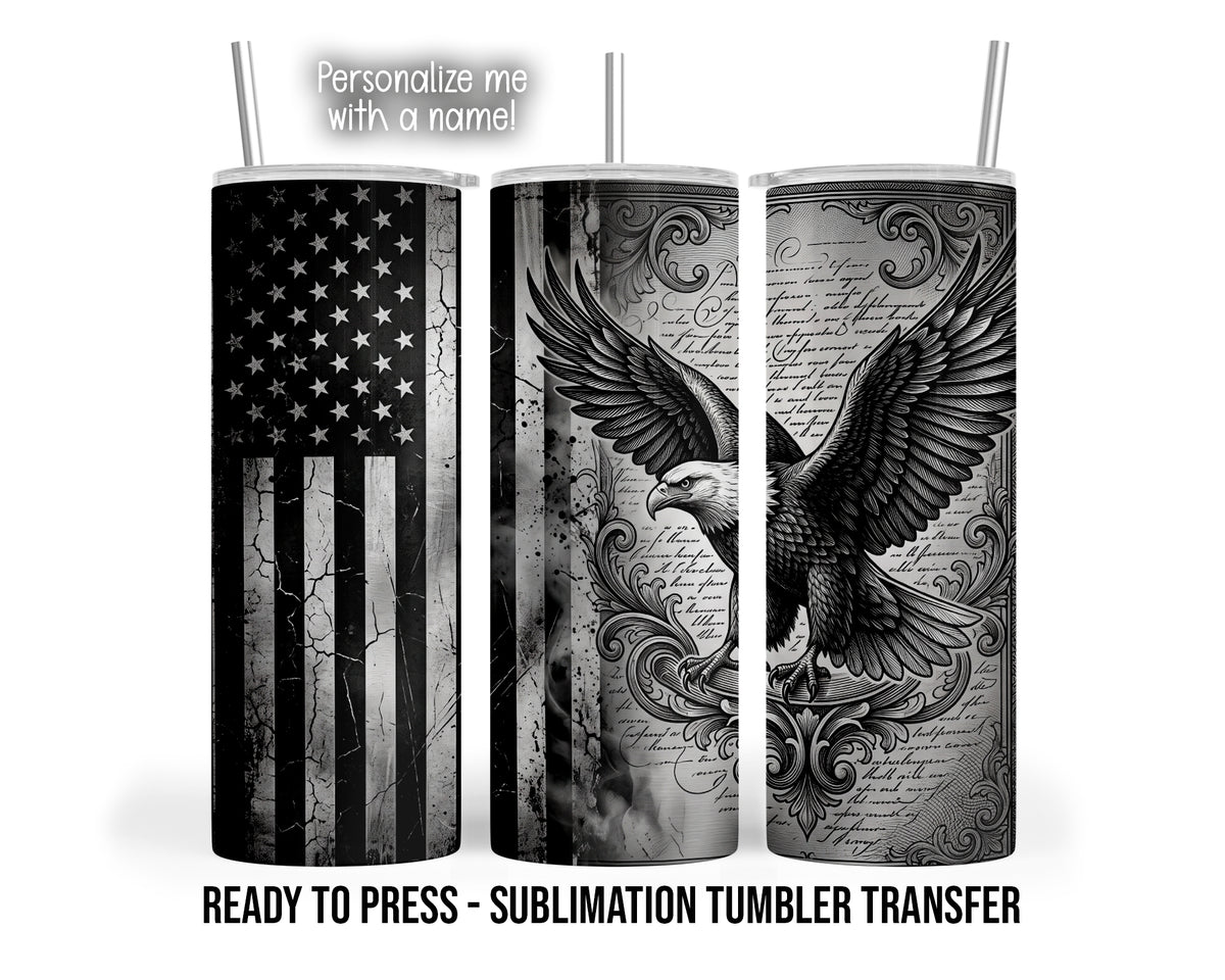 Black and gray bald eagle, distressed American flag and ornate scrollwork on skinny tumbler mockups