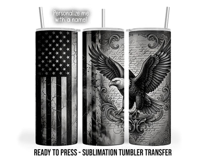 Black and gray bald eagle, distressed American flag and ornate scrollwork on skinny tumbler mockups