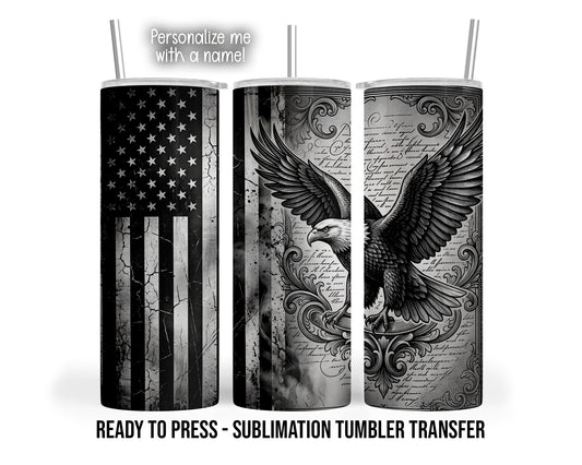 Black and gray bald eagle, distressed American flag and ornate scrollwork on skinny tumbler mockups