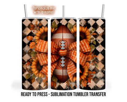 Football with orange gingham bow and sunflowers on distressed black and cream diamonds; tan personalization banner.