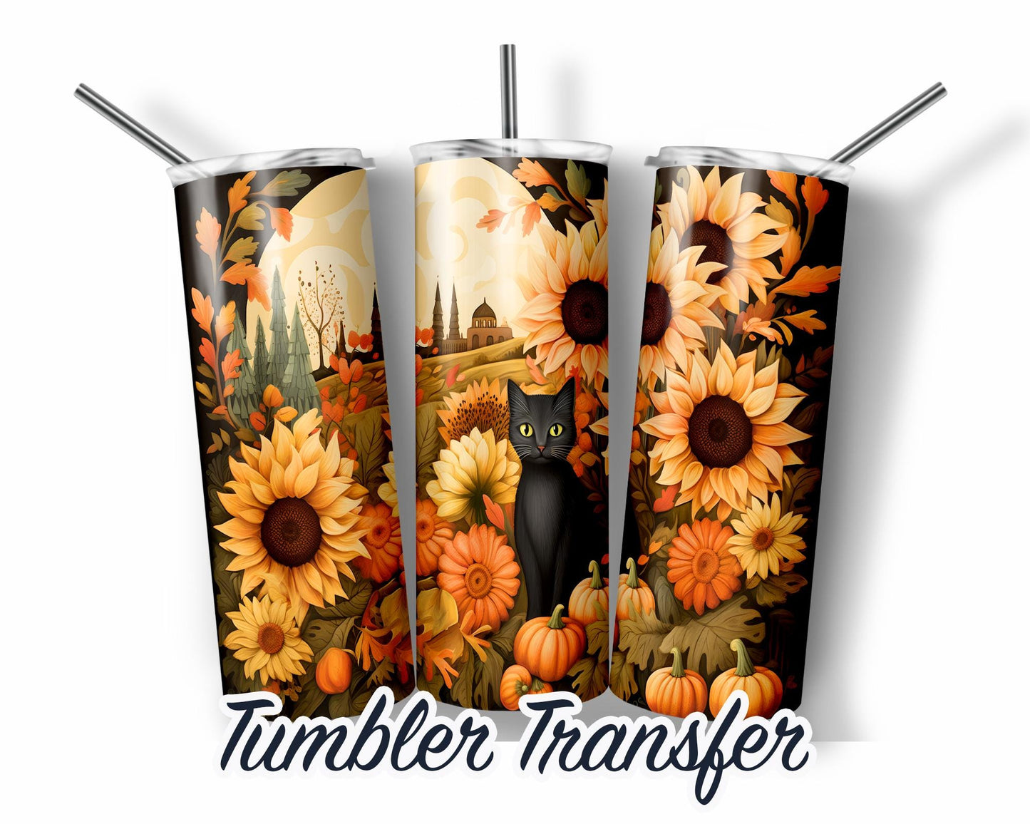 Halloween Black Cat Tumbler  Sublimation Transfer Print For 20oz - 30oz Skinny Tumbler - Ready To press - Heat Transfers