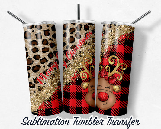 Merry Christmas Leopard Reindeer  Sublimation Transfer Print For 20 oz - 30 oz Tumbler - Ready To press - Heat Transfers
