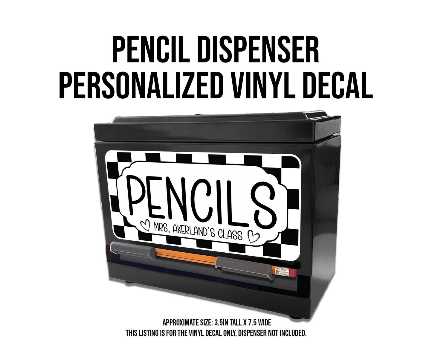 Custom Pencil Dispenser Vinyl Decal Personalized with a name, Waterproof Decal, Retro Checker, Teacher Appreciation Approx. 3.5x7.5 inches