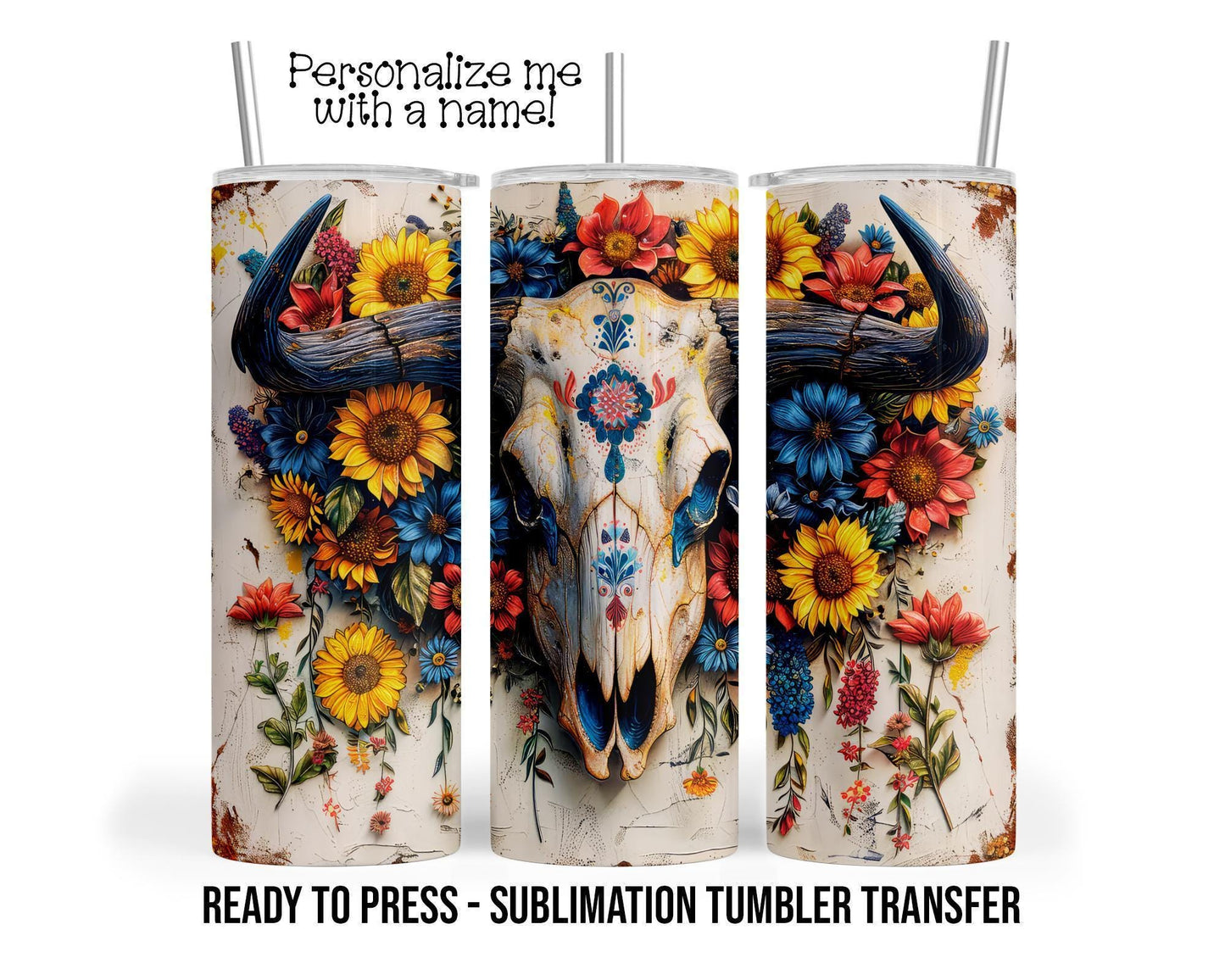 Sublimation Transfer Print - Southwestern Bull Skull Heat Press Transfer For 20oz & 30oz Tumblers