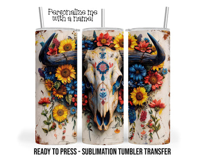 Sublimation Transfer Print - Southwestern Bull Skull Heat Press Transfer For 20oz & 30oz Tumblers
