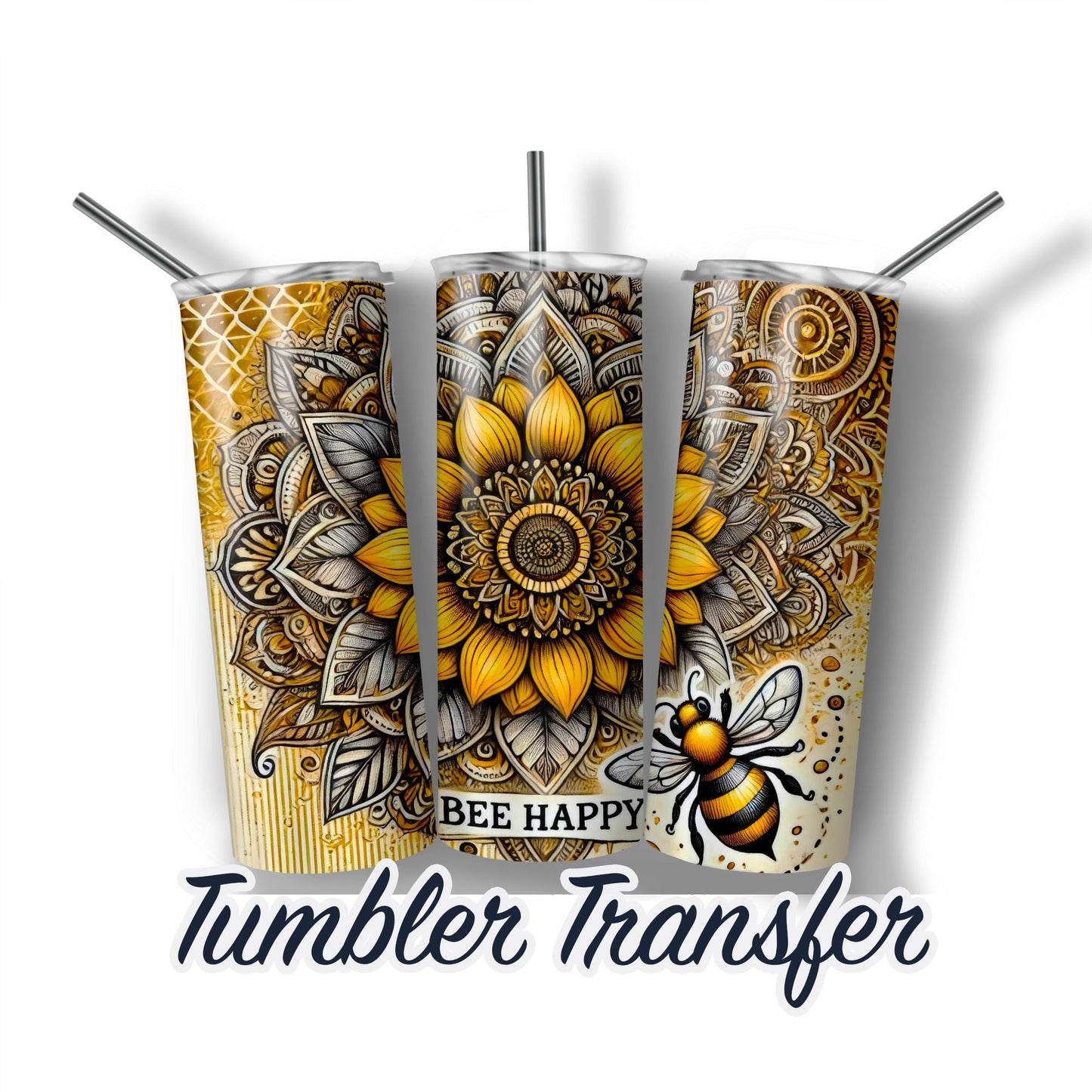 Bee Mandala Sublimation Transfer Print For 20 oz Tumbler - 30 oz Skinny Tumbler - Ready to Press Heat Transfers SHIPS NEXT DAY