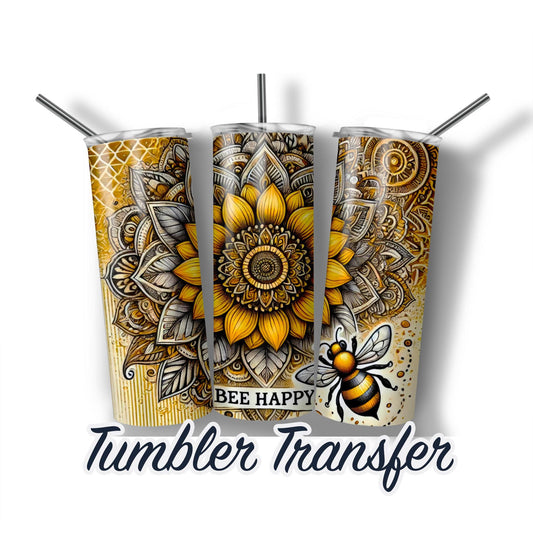 Bee Mandala Sublimation Transfer Print For 20 oz Tumbler - 30 oz Skinny Tumbler - Ready to Press Heat Transfers SHIPS NEXT DAY