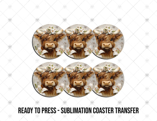 Highland Cow, Farm Animal, Farmhouse Ornament, Coaster Sublimation Transfer, Ready To press Heat Transfer, 3in or 4in Sizes SHIPS NEXT DAY