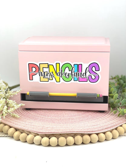 Custom Pencil Dispenser Vinyl Decal Personalized with a name, Pastel Classroom Theme Decals, Waterproof