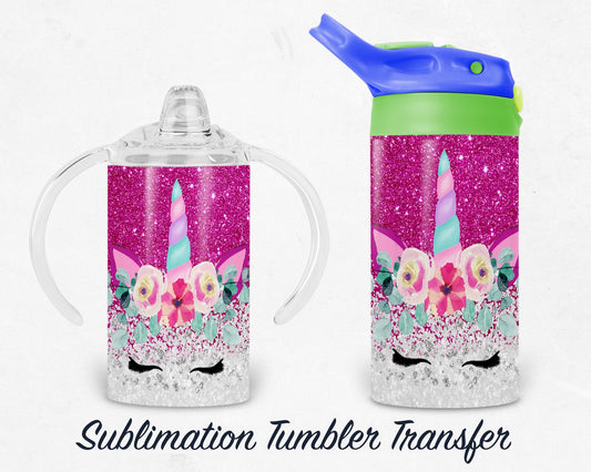 Kids Sublimation Transfer - Pink Unicorn 12 Oz Sippy Cup Heat Press Design